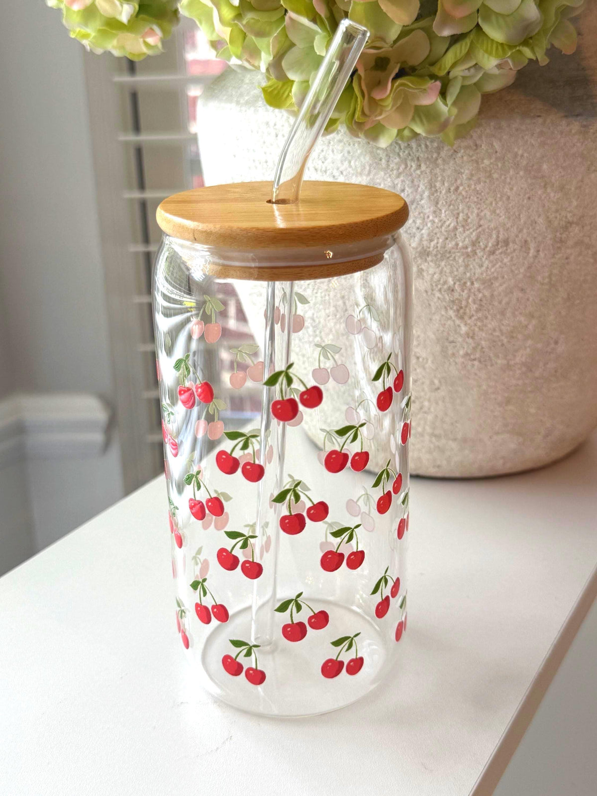 16 oz Glass Tumbler with Bamboo Lid and Straw - Cherry - Summer Fruit - Teacher Gift