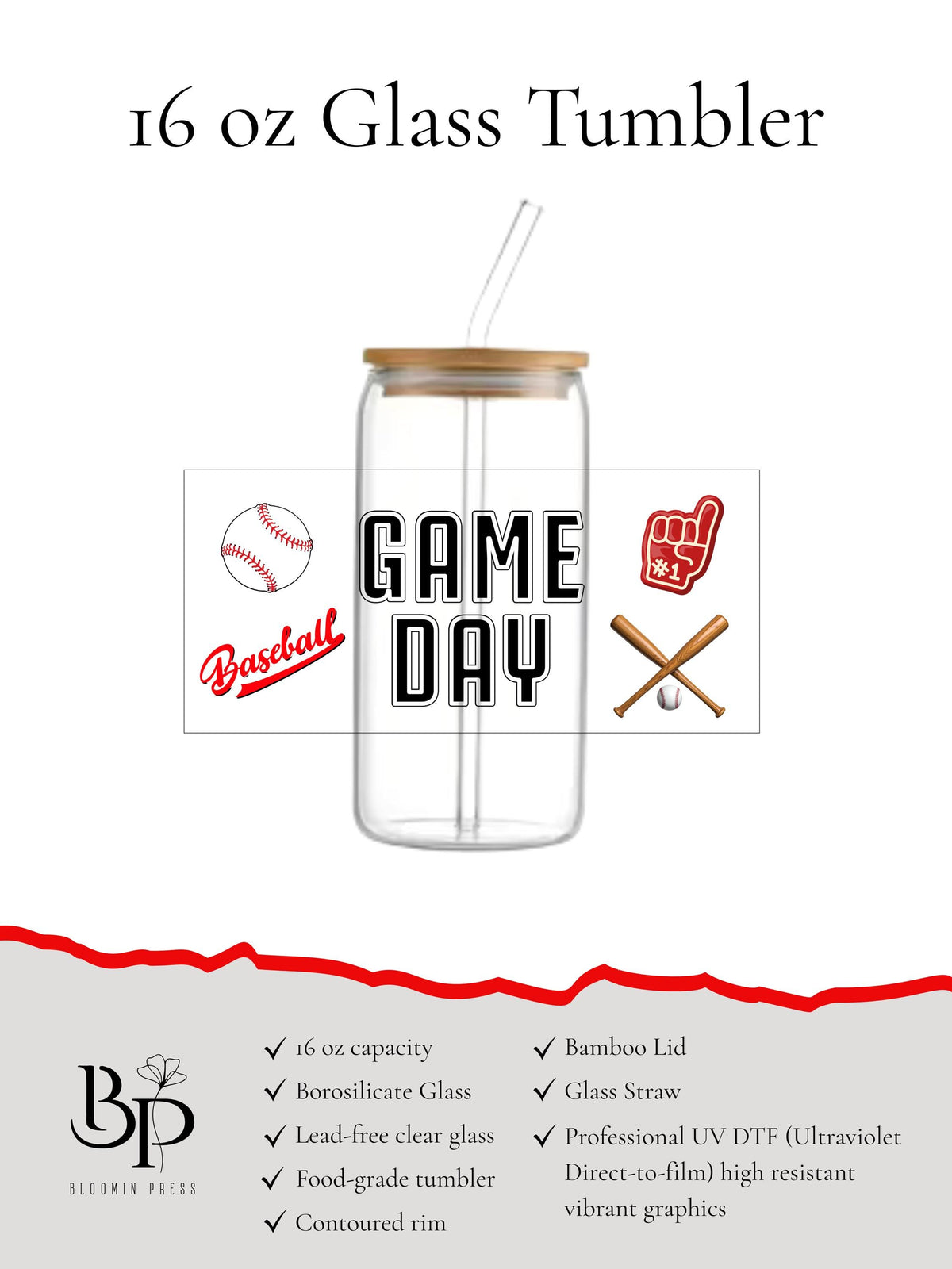 16 oz Glass Tumbler with Bamboo Lid and Straw - Baseball Gift - Game Day Sports