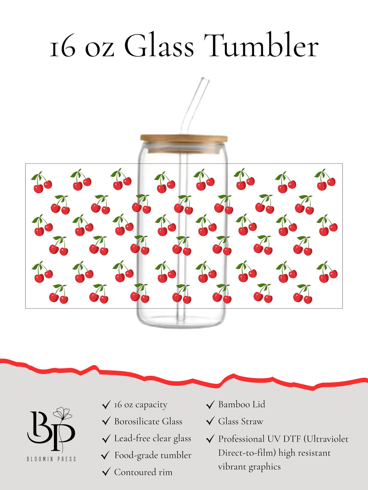 16 oz Glass Tumbler with Bamboo Lid and Straw - Cherry - Summer Fruit - Teacher Gift