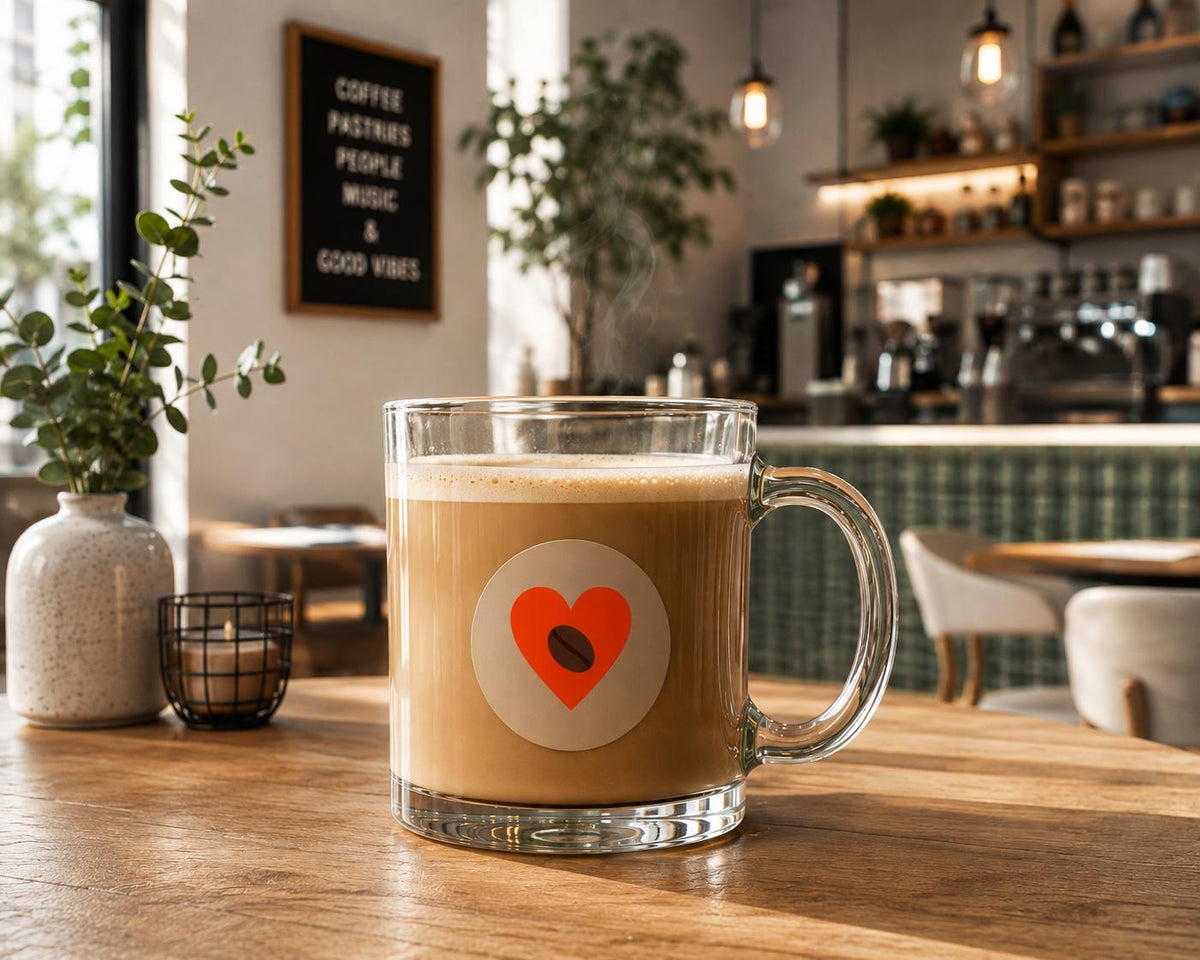 12 oz Clear Coffee Mug – Heart Bean Graphic, Lead-Free Glass