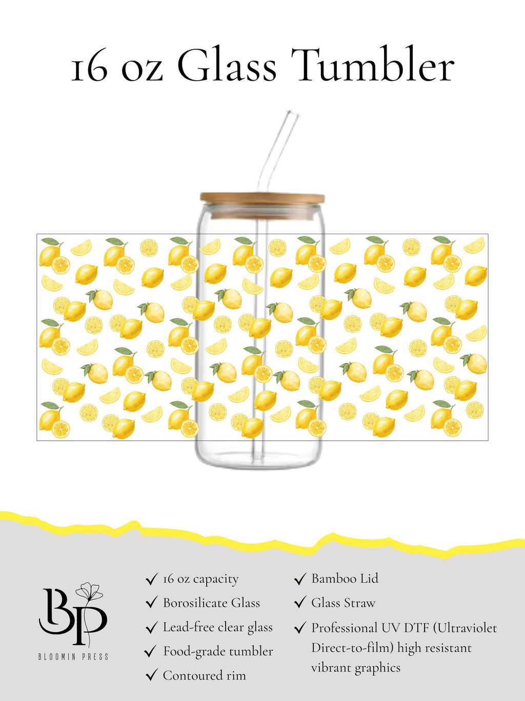 16 oz Glass Tumbler with Bamboo Lid and Straw - Lemon - Fruit - Italian Summer