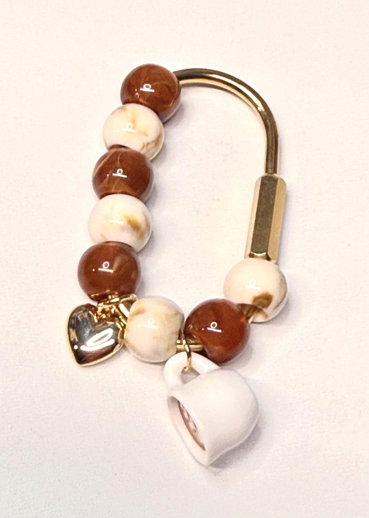 Golden Carabiner Bag Charm – Coffee Latte Cup, Puffy Heart Beads