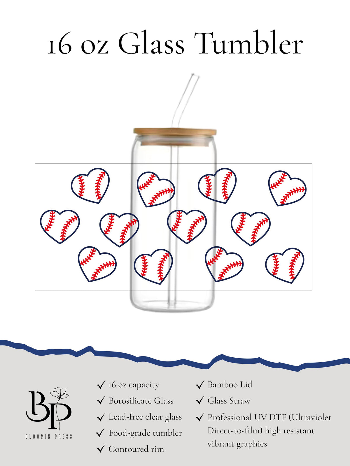 Baseball 16 oz Glass Tumbler with Bamboo Lid and Straw - Play Ball Gift - Sports