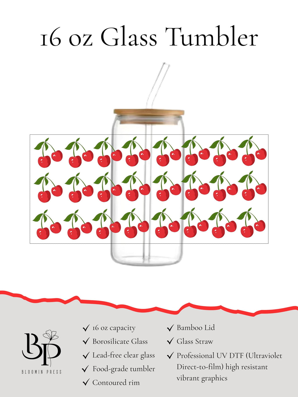 16 oz Glass Tumbler with Bamboo Lid and Straw - Cherry - Summer Fruit - Teacher Gift