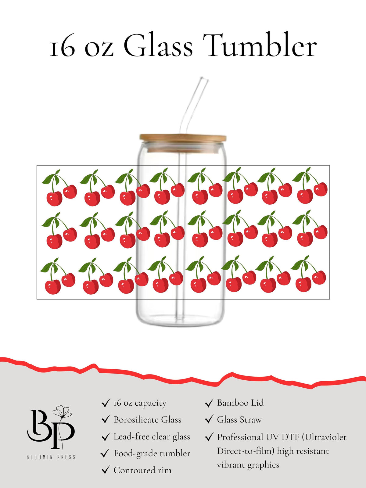 16 oz Glass Tumbler with Bamboo Lid and Straw - Cherry - Summer Fruit - Teacher Gift