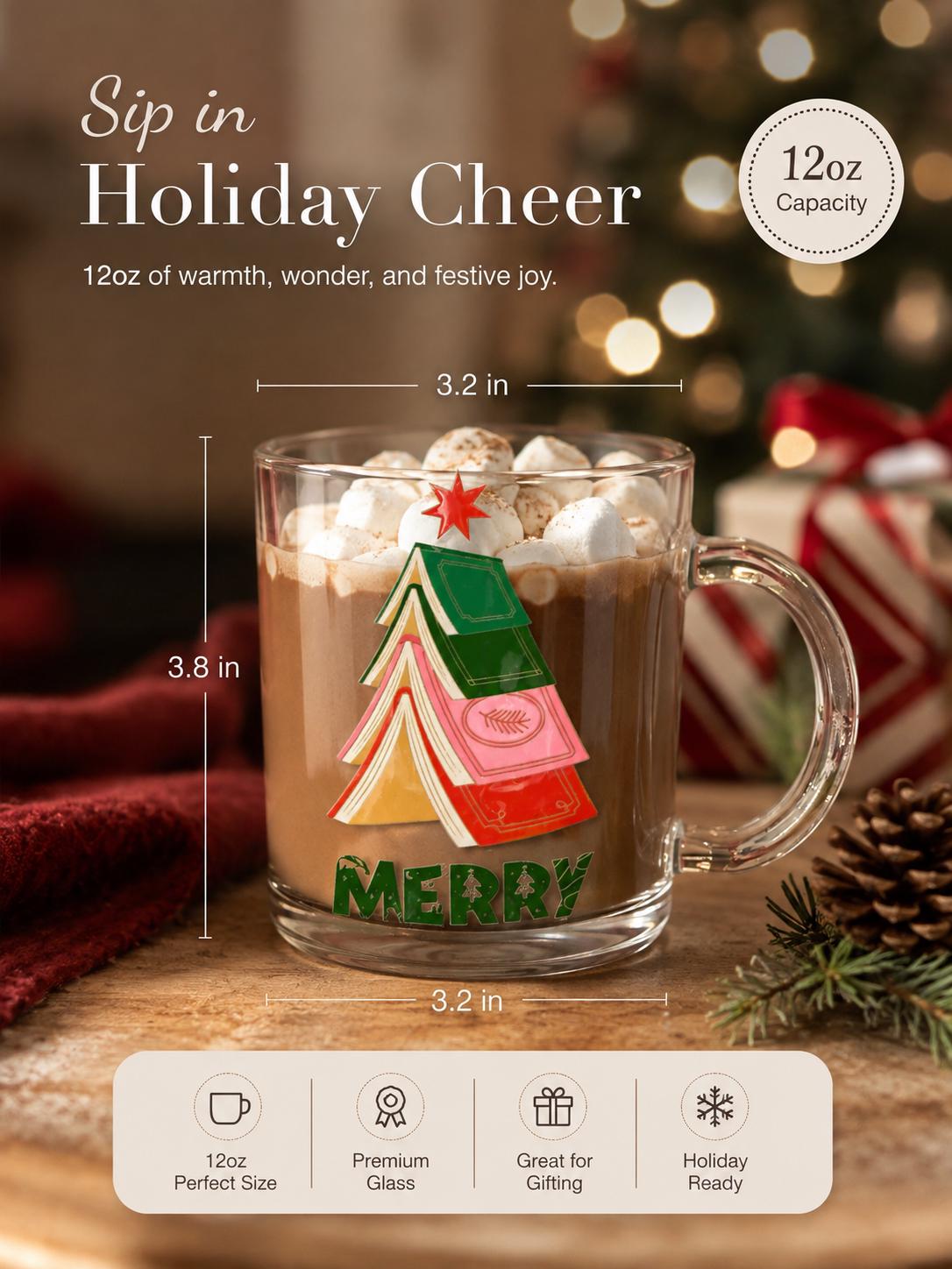 Christmas Tree Mug - 12 oz Glass Mug for cozy moments, book lover, bookworm gifts