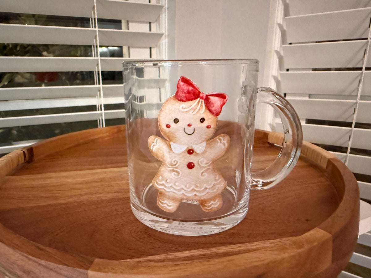 12 oz Glass Holiday Mug – Gingerbread Girl Design, Cozy Gift