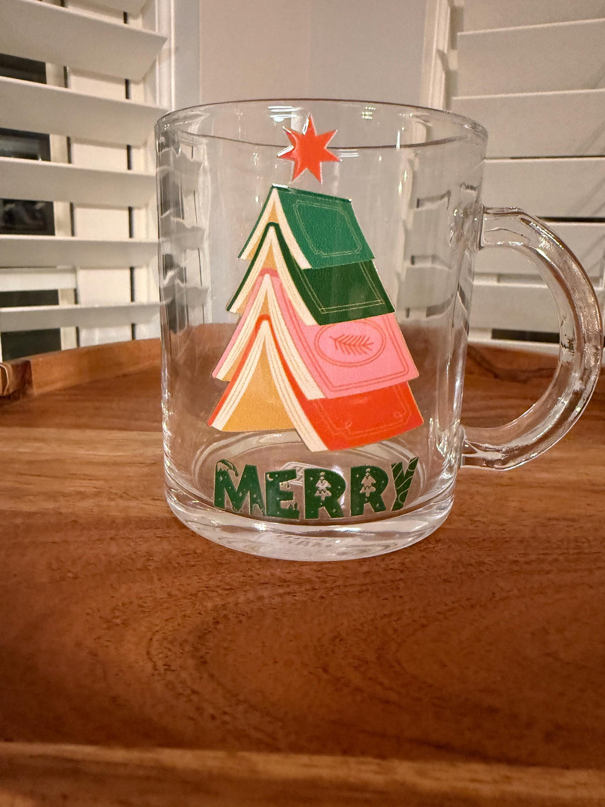 Christmas Tree Mug - 12 oz Glass Mug for cozy moments, book lover, bookworm gifts