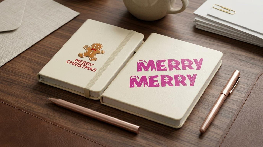 Christmas Hardcover Notebook with Pen Set – Beige Vegan Leather