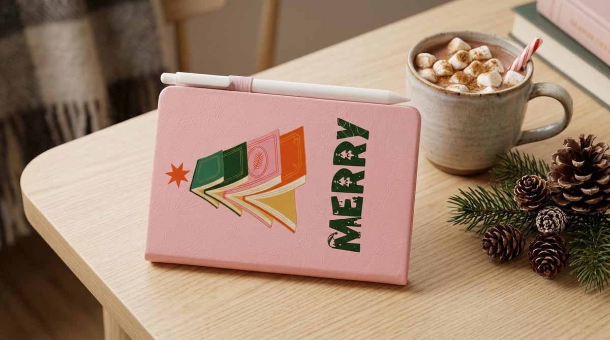 Christmas Hardcover Notebook with Pen Set – Soft Pink Vegan Leather - Book Lover Gift