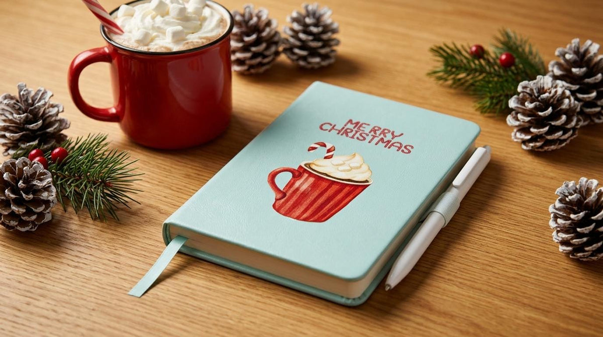 Christmas Hardcover Notebook with Pen Set – Blue Vegan Leather - Hot Cocoa Cup