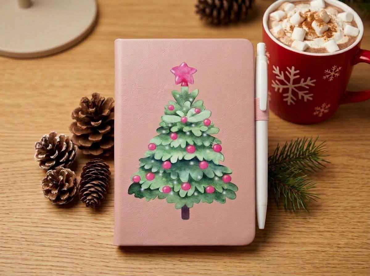 Christmas Hardcover Notebook with Pen Set – Soft Pink Vegan Leather - Stocking Stuffer