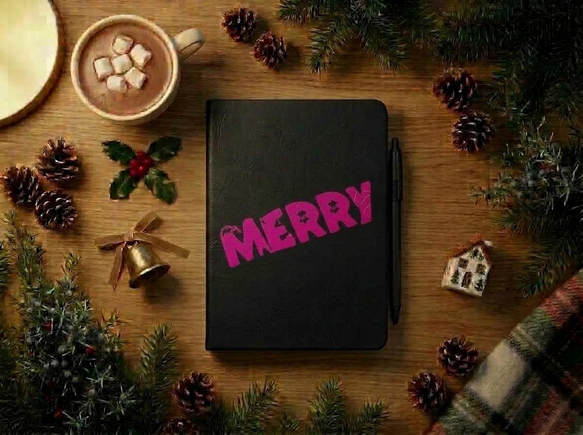 Christmas Hardcover Notebook with Pen Set – Black Vegan Leather - Teacher Gift