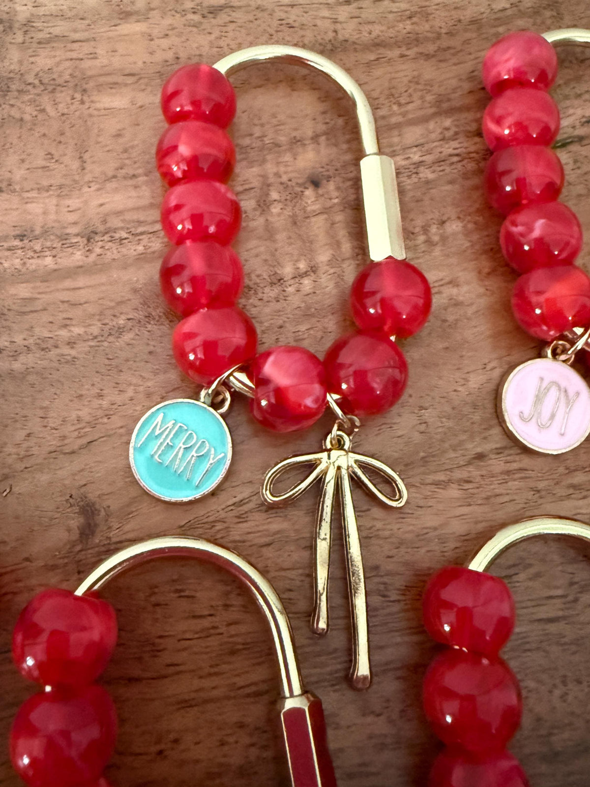 Red Christmas Beaded Gold Carabiner Bag Charm with Bow  – Holiday Purse Accessory