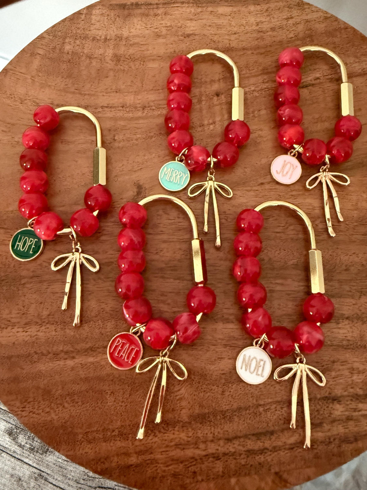 Red Christmas Beaded Gold Carabiner Bag Charm with Bow  – Holiday Purse Accessory