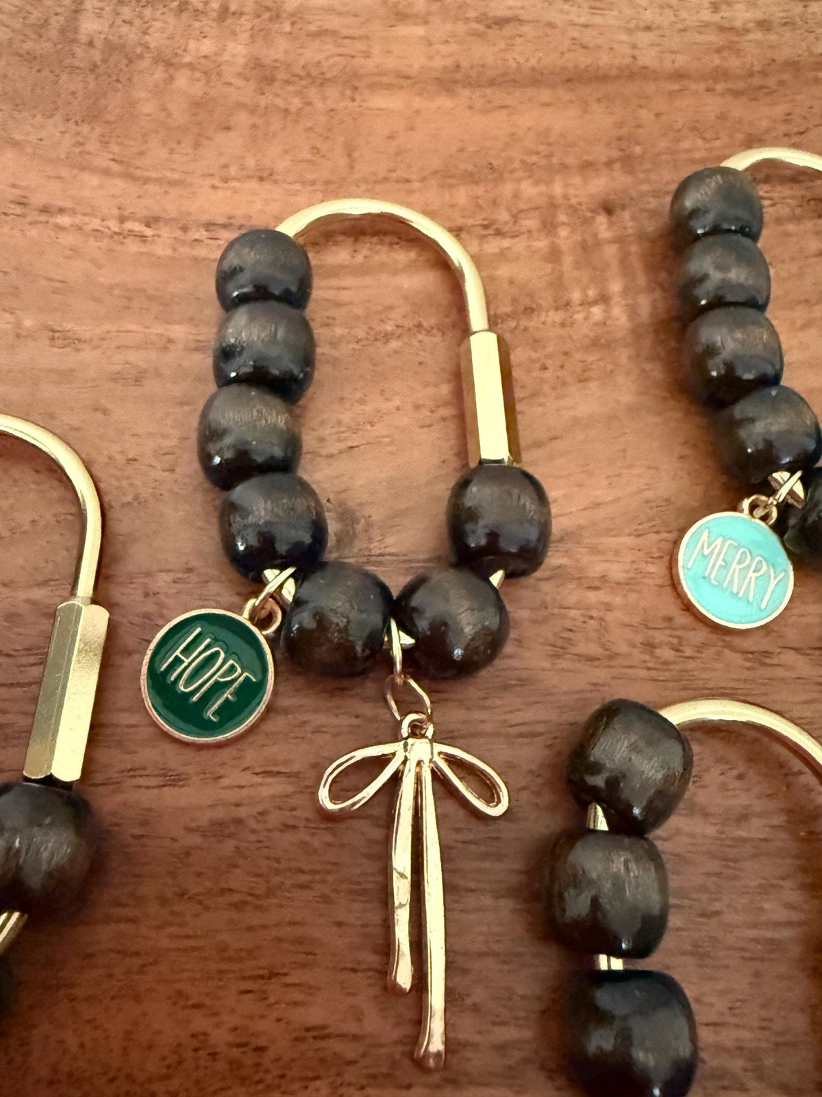 Christmas  Bag Charm - Brown Wooden Beads, Gold Carabiner, Gold Long Bow  – Holiday Stocking Stuffer