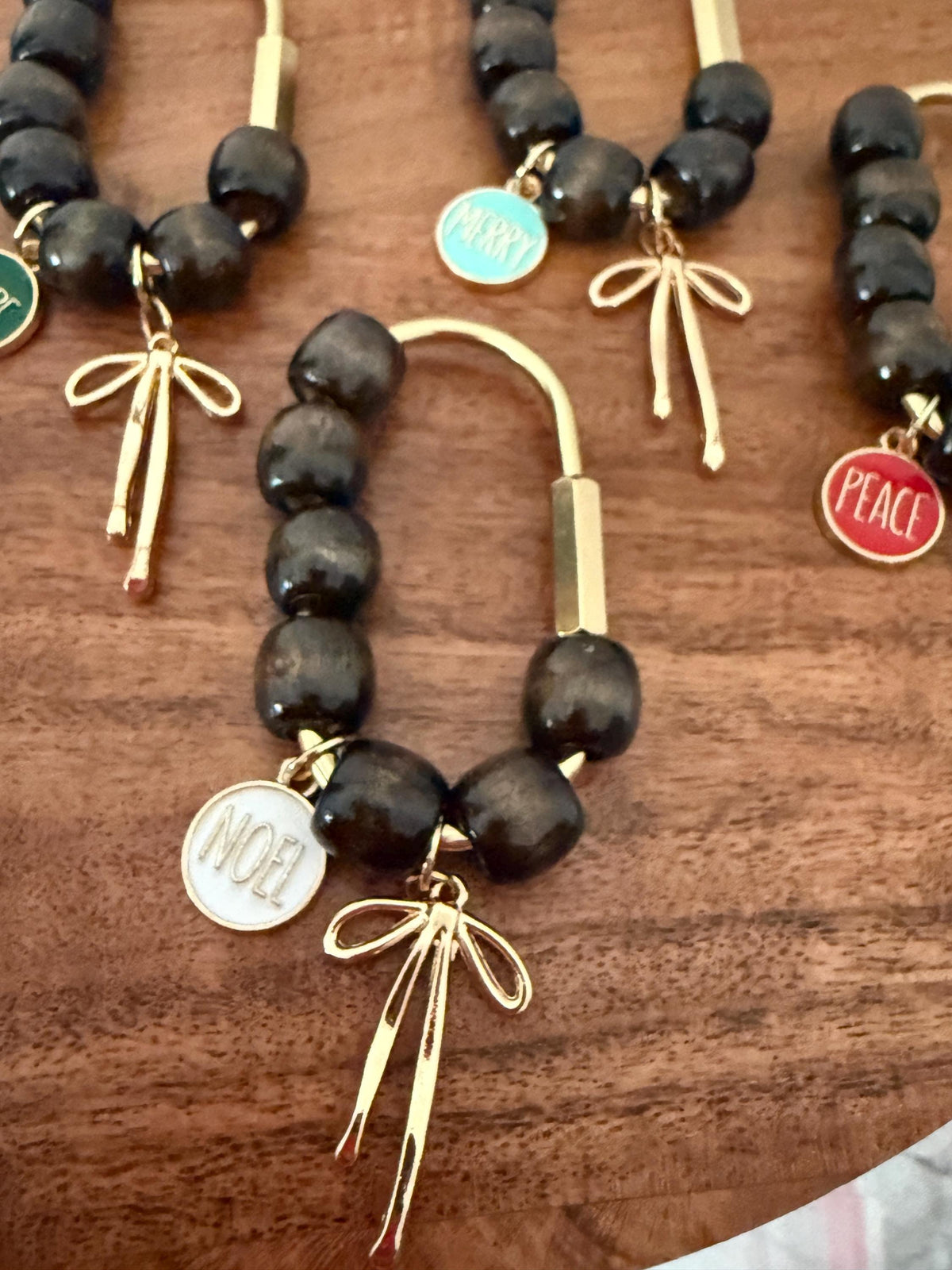 Christmas  Bag Charm - Brown Wooden Beads, Gold Carabiner, Gold Long Bow  – Holiday Stocking Stuffer