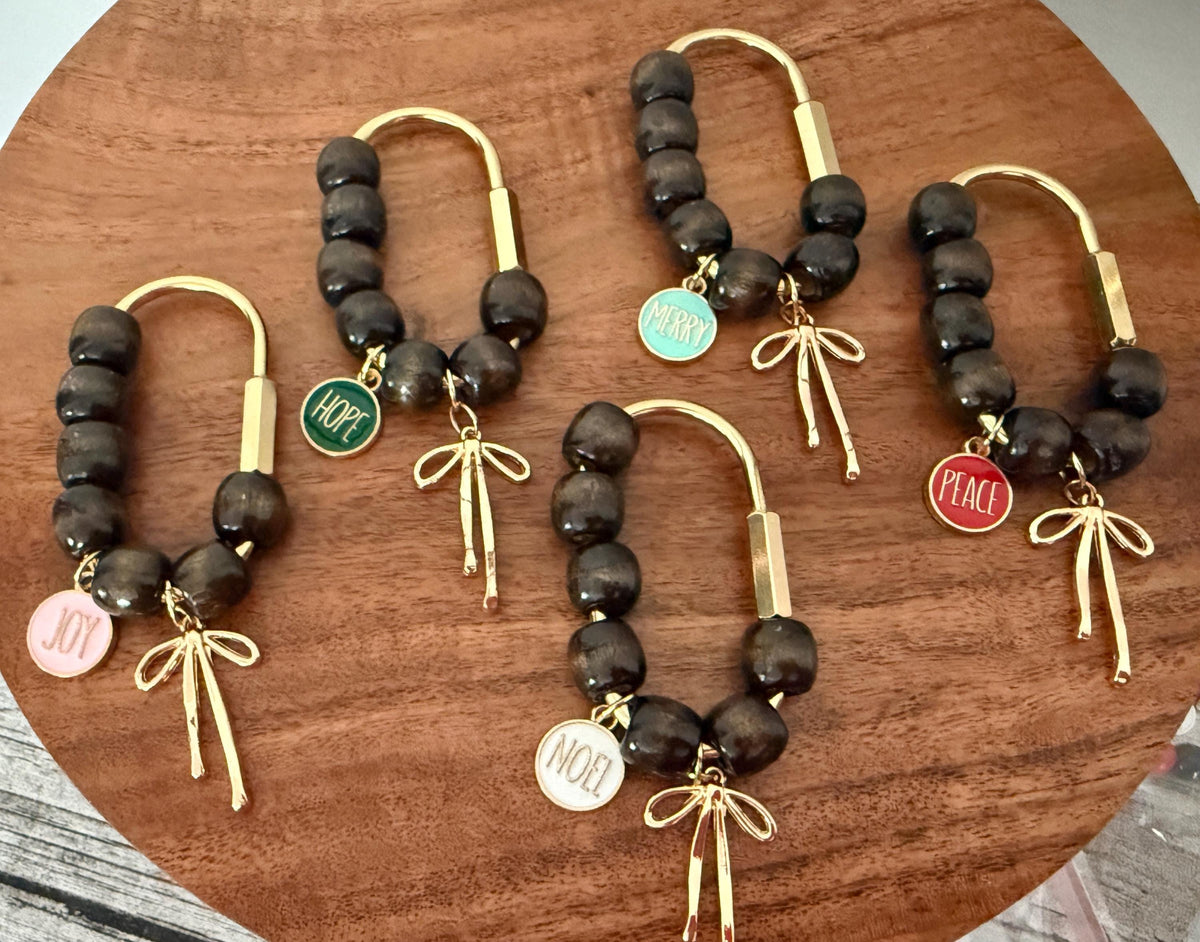 Christmas  Bag Charm - Brown Wooden Beads, Gold Carabiner, Gold Long Bow  – Holiday Stocking Stuffer