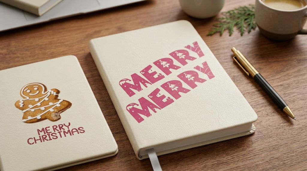 Christmas Hardcover Notebook with Pen Set – Beige Vegan Leather