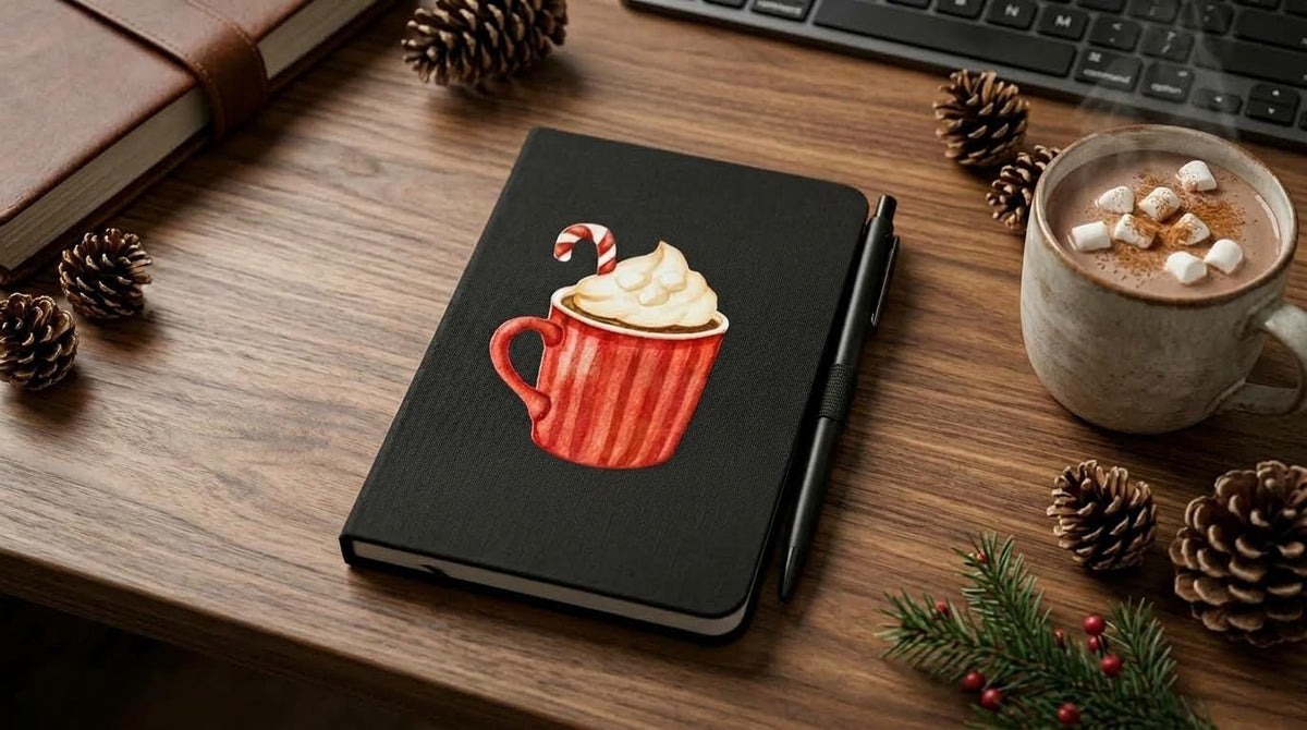 Christmas Hardcover Notebook with Pen Set – Black Vegan Leather - Hot Cocoa Cup
