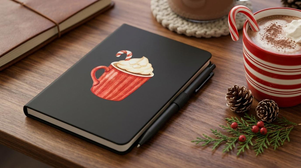 Christmas Hardcover Notebook with Pen Set – Black Vegan Leather - Hot Cocoa Cup
