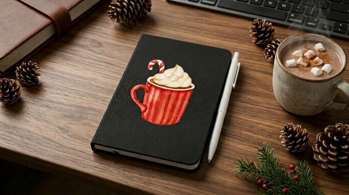 Christmas Hardcover Notebook with Pen Set – Black Vegan Leather - Hot Cocoa Cup