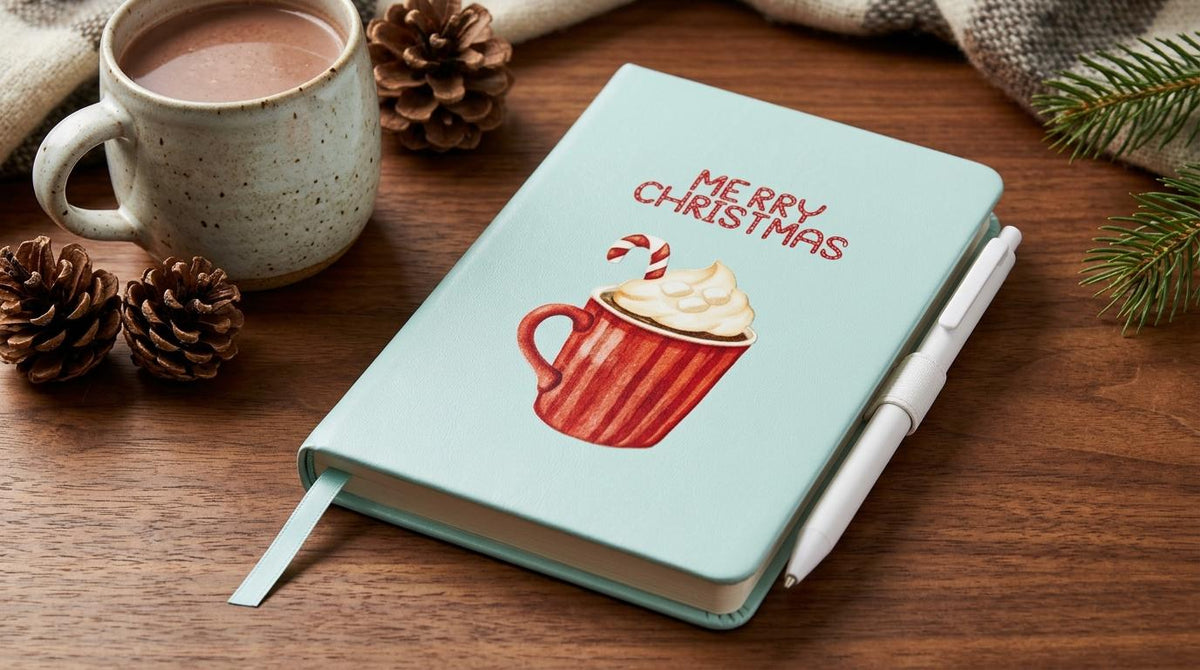 Christmas Hardcover Notebook with Pen Set – Blue Vegan Leather - Hot Cocoa Cup