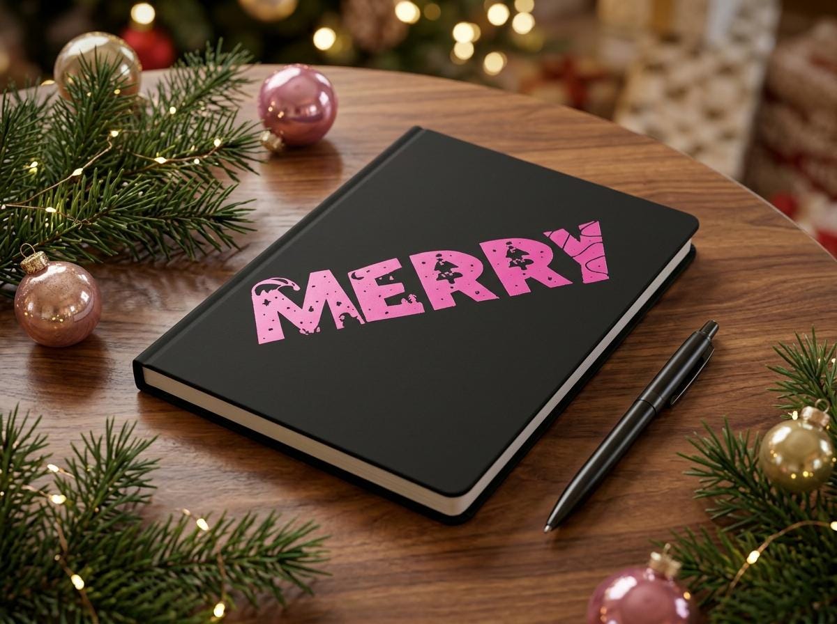 Christmas Hardcover Notebook with Pen Set – Black Vegan Leather - Teacher Gift