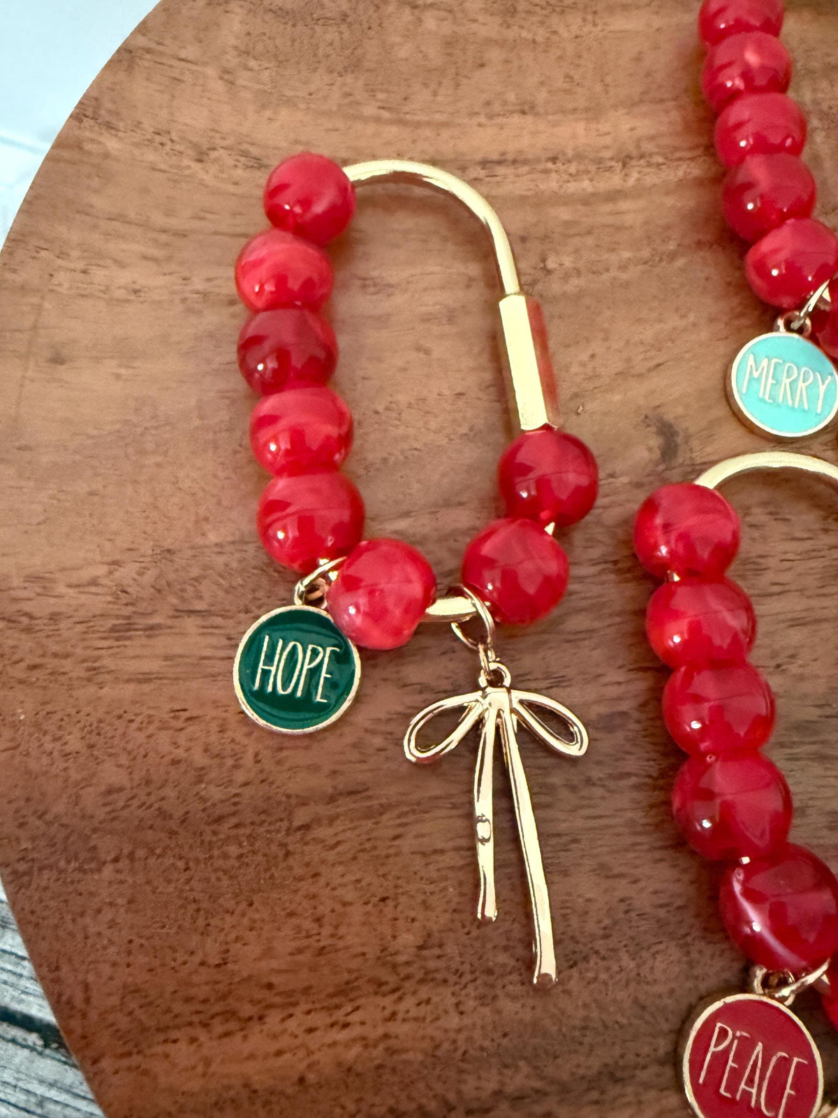 Red Christmas Beaded Gold Carabiner Bag Charm with Bow  – Holiday Purse Accessory