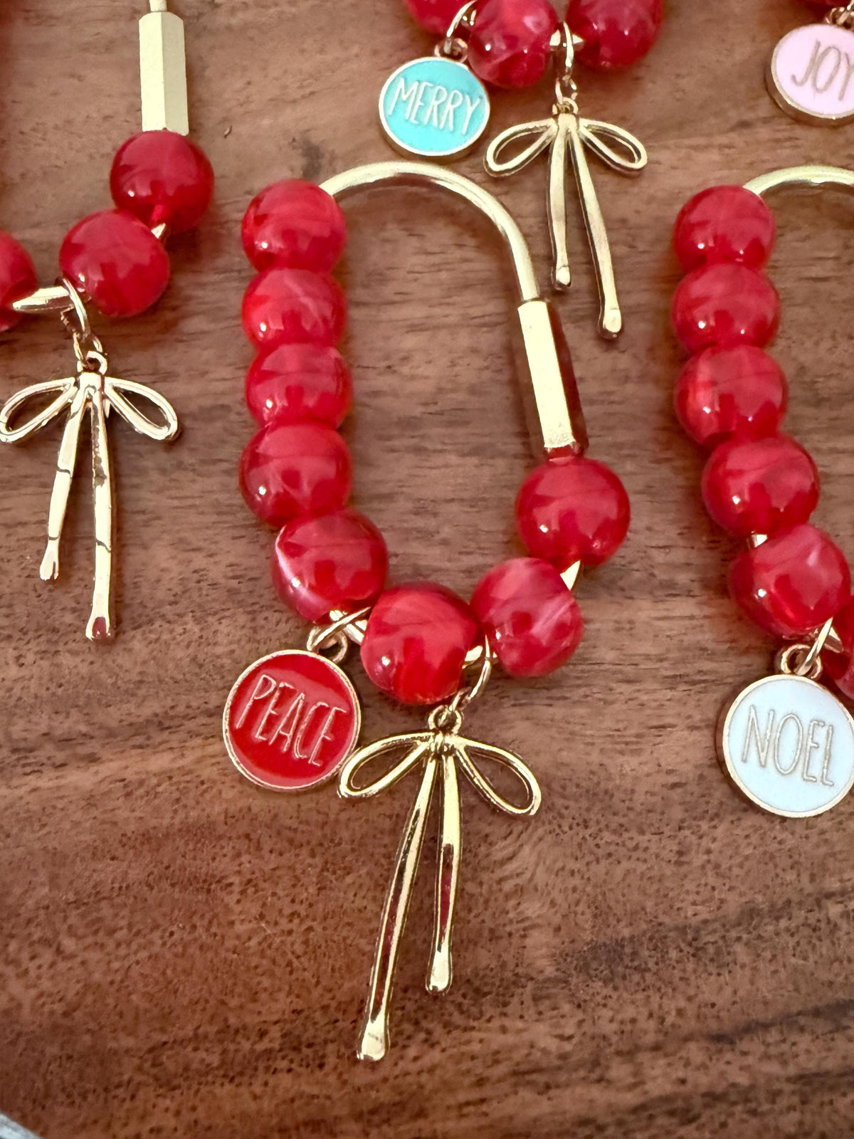 Red Christmas Beaded Gold Carabiner Bag Charm with Bow  – Holiday Purse Accessory