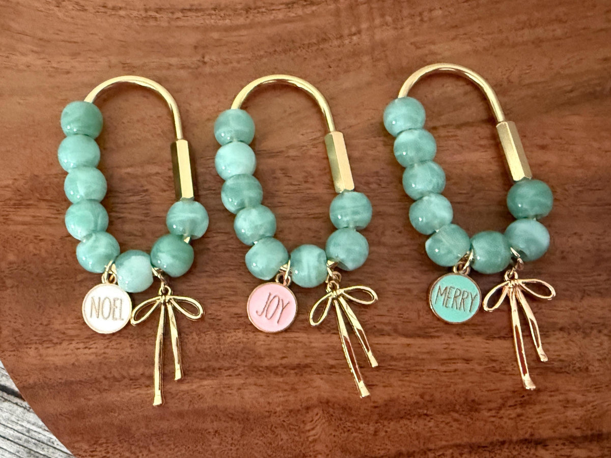Holiday Bag Charm with Beads, Golden Bow and Festive Medallion - Stocking Stuffer Idea