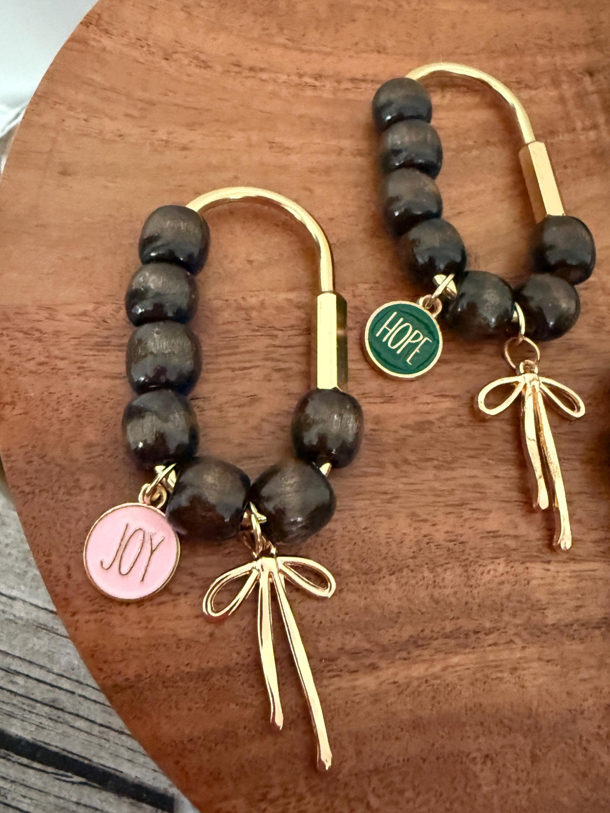 Christmas  Bag Charm - Brown Wooden Beads, Gold Carabiner, Gold Long Bow  – Holiday Stocking Stuffer