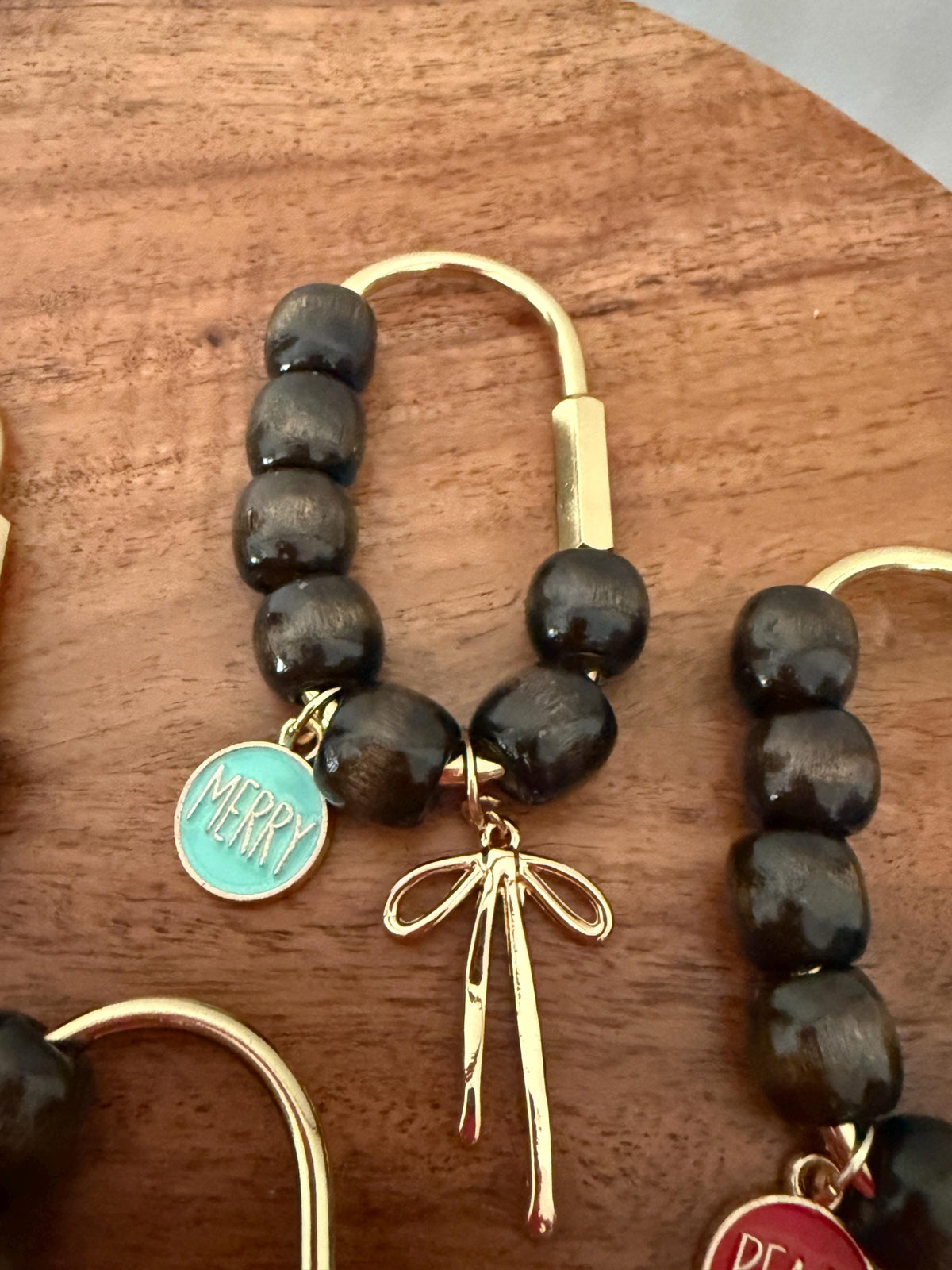 Christmas  Bag Charm - Brown Wooden Beads, Gold Carabiner, Gold Long Bow  – Holiday Stocking Stuffer