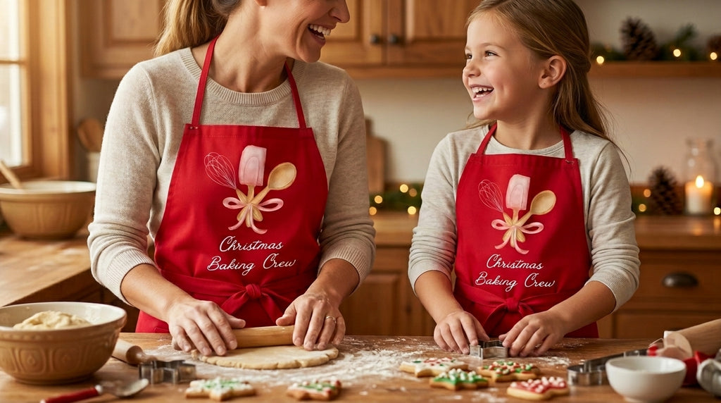 Red Holiday Apron - Matching Apron Adult and Child - Christmas Baking Crew
